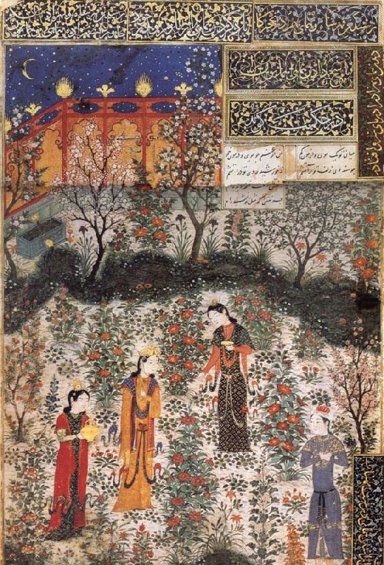 Prince Humay dreams that he meets Princess Humayun of China in her garden, unknow artist